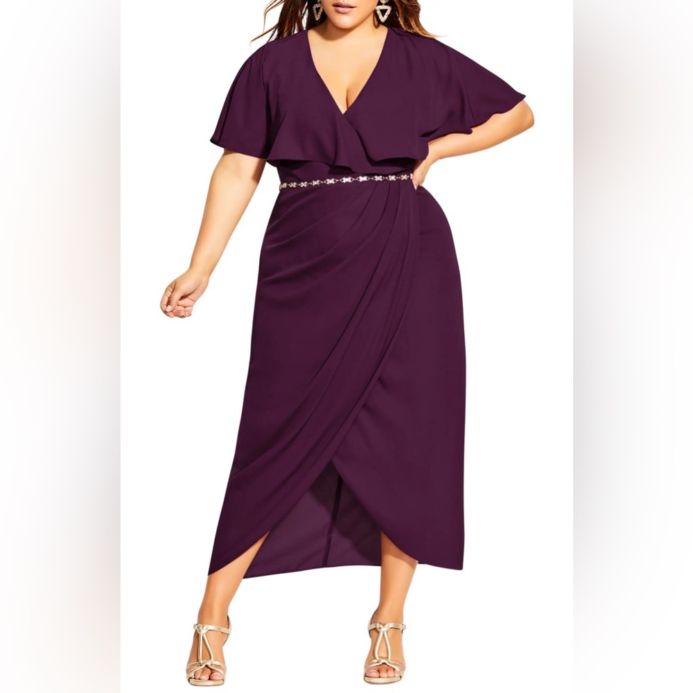 City Chic Size 14 Enchant Cape Sleeve Belted Maxi Dress